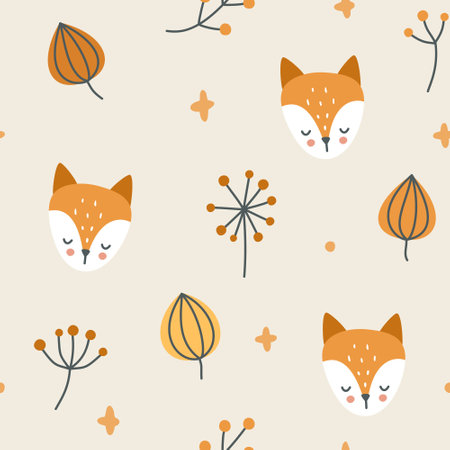 Fox head and physalis orange baby pattern. Cute childish vector seamless texture for fabric, textile, wrapping, paper, stationery, nursery.のイラスト素材