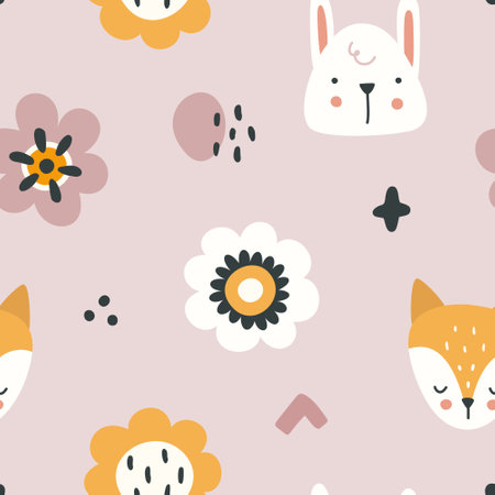 Fox, bunny head and abstract flower, baby pattern. Seamless vector childish scandinavian print.のイラスト素材