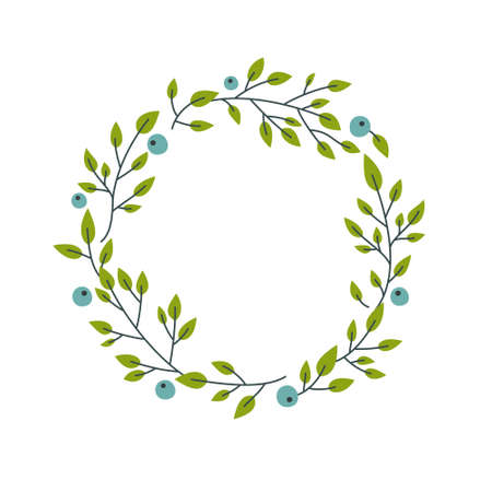 Wreath blueberry branch. Circle bilberry floral design element. Rustic wedding template botanical border.のイラスト素材