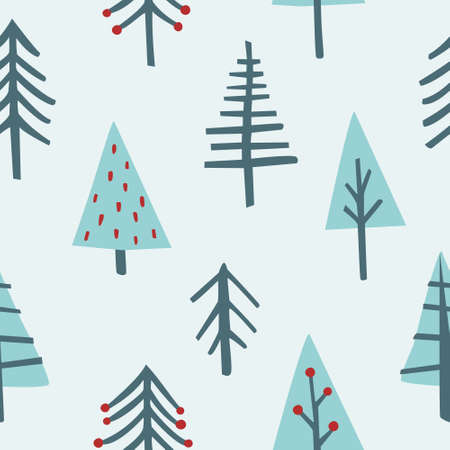 Abstract scandinavian christmas tree pattern. Scribble fir vector seamless print for textile, fabric, apparel, wrapping paper.のイラスト素材