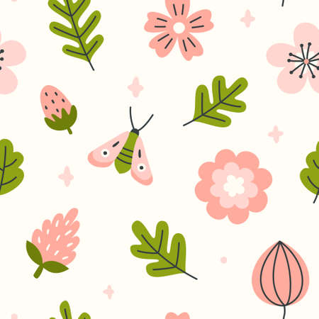 Abstract floral baby pattern with butterfly, flower and leaves. Seamless vector print for fabric, textile, wrapping paper, apparel, nursery.のイラスト素材