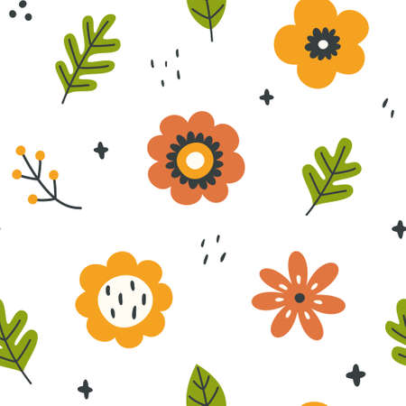 Doodle abstract flower pattern with leaves. Scribble floral baby seamless print for fabric, textile, wrapping paper, apparel, nursery.のイラスト素材