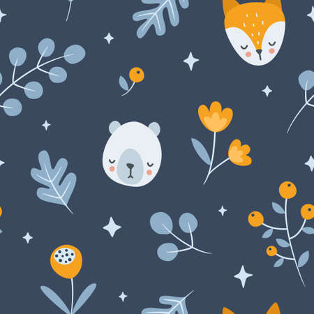 Dark evening floral pattern with sleepy animals head. Night flower, fox, bear baby print. Seamless texture for textile, fabric, apparel, nursery.のイラスト素材