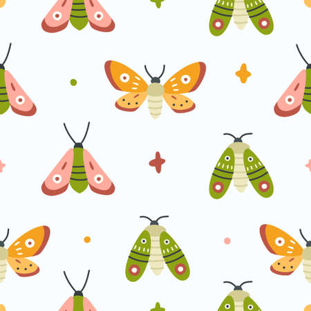 Butterfly insect colorful baby pattern. Moth wings seamless vector print for fabric, textile, wrapping paper, apparel, nursery.のイラスト素材