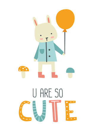 Cute little baby hare print. Doodle rabbit with balloon colorful poster. Happy bunny with lettering.のイラスト素材
