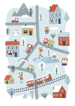 Winter little town doodle map with animals, cars, train, tree, mountain. Cartoon city view. Snow day village.のイラスト素材