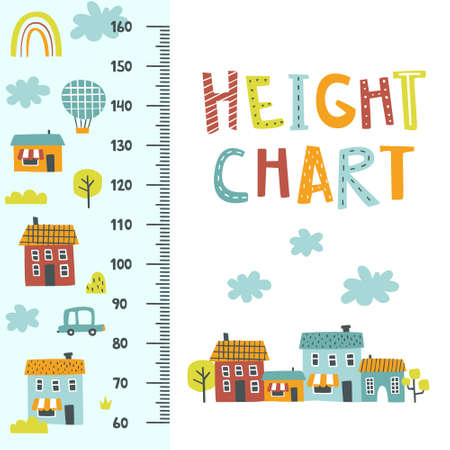 Cute city height chart. Doodle baby ruler with houses, car, trees, balloon, rainbow. Little town kids stadiometer for nursery.のイラスト素材