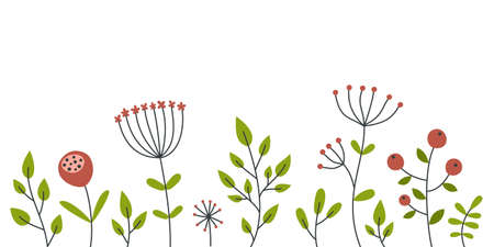 Blooming meadow doodle plants illustration. Bottom herbal border for design invitation, banner, cards.のイラスト素材