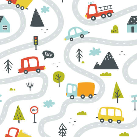 Road doodle cars pattern. Highway traffic abstract print for textile, apparel, fabric, carpet, nursery.のイラスト素材
