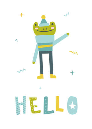 Cartoon frog in sweater and hat say hello. Abstract doodle print with friendly animal for children poster.のイラスト素材