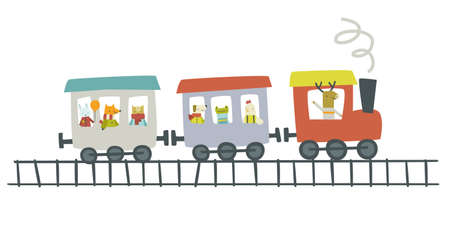 Cute baby train with friendly animals. Abstract cartoon locomotive with wagon travels by railway.のイラスト素材