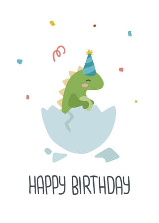 Cute newborn dino in egg. Greeting card with little baby tyrannosaurus.のイラスト素材