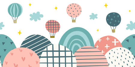 Hot air balloon seamless bottom border print for nursery wall art. Geometric abstract hills and doodle airship in the cloud sky.のイラスト素材