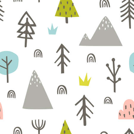 Wildlife scandinavian pattern with trees and mountains. Seamless vector abstract print for textile, fabric, apparel, nursery.のイラスト素材