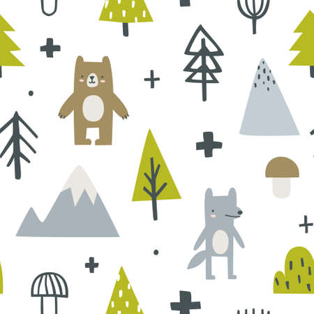 Scandinavian baby pattern with forest and animals. Scribble abstract seamless print with the wolf, trees, mountains.のイラスト素材
