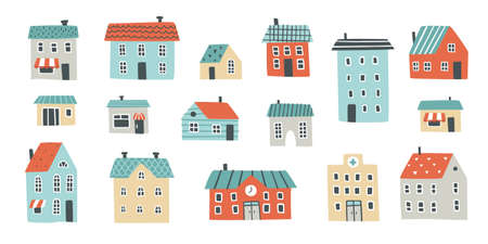 Scandinavian houses set. Childish doodle building collection. Bundle of baby cartoon architecture.のイラスト素材