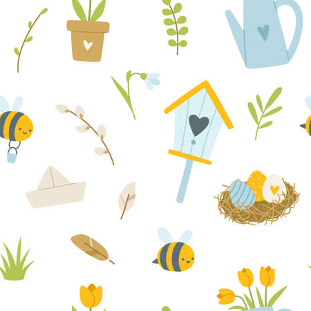Spring garden cute doodle pattern. Springtime seamless print for fabric, nursery, textile, paper.のイラスト素材