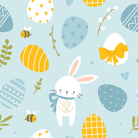 Easter doodle pattern with painted eggs , bunny and bee. Baby seamless print for fabric, textile, nursery, paper.のイラスト素材
