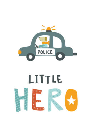 Cartoon police car with dog driver. Doodle poster with baby car and puppy lettering.のイラスト素材