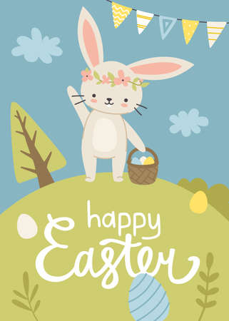 Easter bunny with basket on lawn eggs hunting. Easter poster with rabbit on the meadow.のイラスト素材