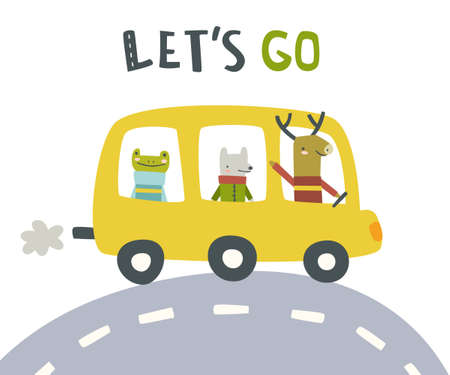 Cute cartoon bus with animals. Yellow school bus with mammals rides on the road.のイラスト素材