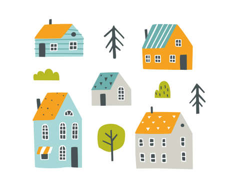 Set of scandinavian cute houses. Collection of abstract doodle cottages and trees.のイラスト素材