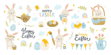 Easter cute bunny with painted eggs set. Adorable easter rabbit with traditional festive decor and calligraphy lettering.のイラスト素材