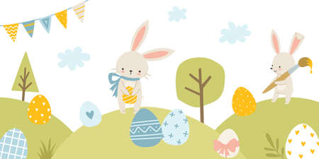 Easter rabbits on the lawn with painted eggs. Cute bunny on meadow eggs hunt.のイラスト素材