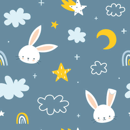Night sky doodle pattern with cute rabbits heads. Seamless vector print for nursery fabric, wallpaper, textile.のイラスト素材