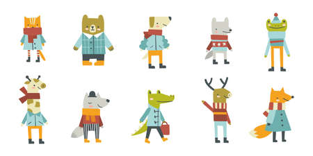Cute doodle animal set. Collection of cartoon mammals in warm clothes.のイラスト素材