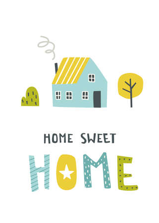 Cute scandinavian house, poster with lettering. Home sweet home text.のイラスト素材