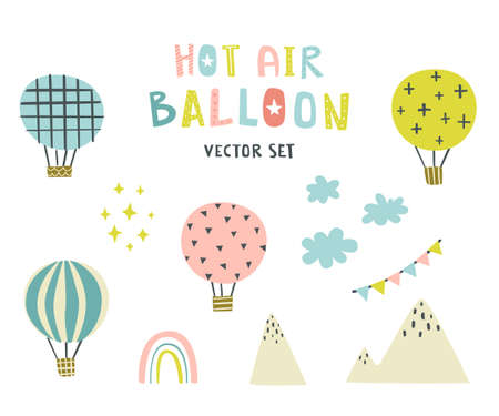 Cute hot air balloon scandinavian set. Collection of sky doodle baby art.のイラスト素材