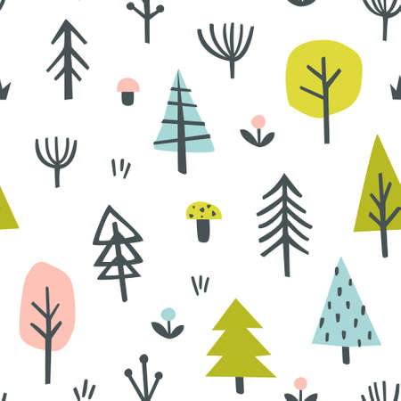 Naive scandinavian forest pattern. Seamless doodle baby print for fabric, textile, nursery, apparel.のイラスト素材