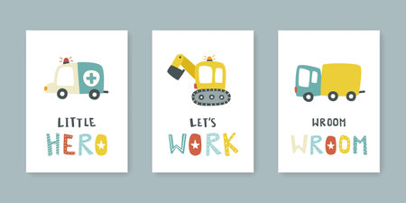 Set of baby cars with lettering posters. Cute collection of wall art with childish vehicle and text.のイラスト素材
