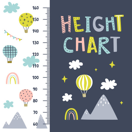 Scandinavian height chart with hot air balloon. Sky travel naive nursery scale. Cute baby stadiometer.のイラスト素材