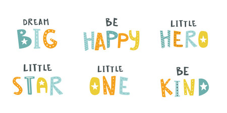 Naive typography lettering set. Bundle of baby cute lettering phrase. Doodle childish text collection.のイラスト素材