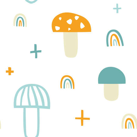 Scandinavian nursery pattern with mushrooms and rainbows. Seamless naive print for textile, fabric, wallpaper.のイラスト素材