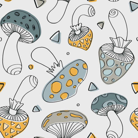 Outline psychedelic mushroom pattern. Seamless vector print for textile, fabric, paper.のイラスト素材