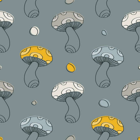 Outline mushroom gray pattern. Seamless vector print for textile, fabric, paper.のイラスト素材