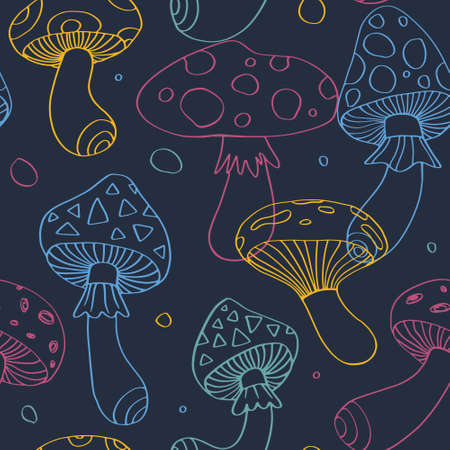 Neon outline psychedelic mushroom pattern. Seamless vector print for textile, fabric, paper.のイラスト素材