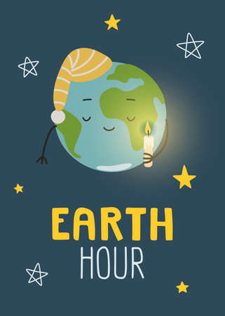 Cute planet earth holding candle and rest. world earth hour banner. environmental poster.のイラスト素材