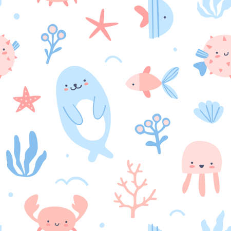 Cute sea life underwater pattern. Seamless doodle vector baby print for textile, fabric, nursery.のイラスト素材