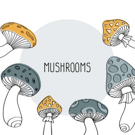 Hand drawn mushroom border template. Sketch outline toadstool frame.のイラスト素材