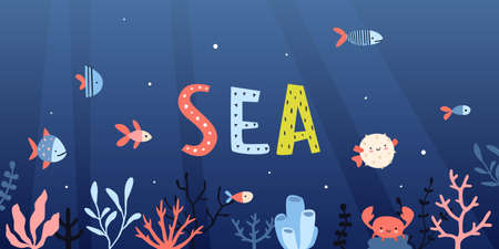 Dark blue sea bottom with cute fishes and seaweed. horizontal underwater ocean banner.のイラスト素材