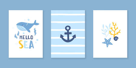 Sea baby poster collection with whale for nursery. Marine vector prints set with lettering.のイラスト素材