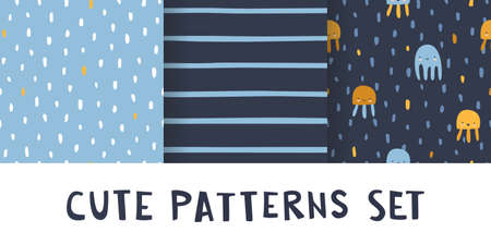 Cute hand drawn sea baby patterns collection. Set of underwater smiling octopus and jellyfish print...