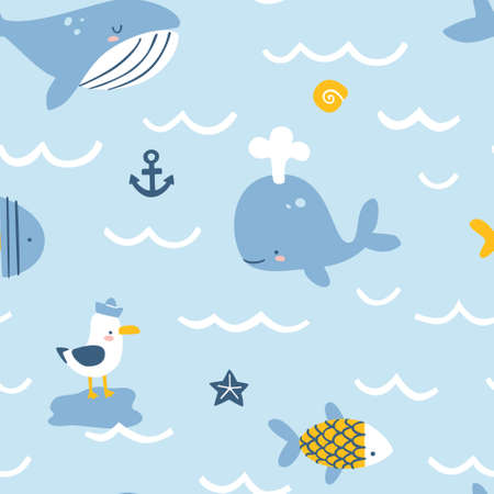 Blue sea baby pattern. Cartoon vector seamless childish marine print for fabric and nursery.のイラスト素材