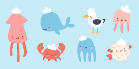 Collection of cute sea animals in sailors hat. Doodle kawaii baby sea life set. Vector adorable marine bundle.のイラスト素材