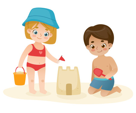 Cartoon children building a sandcastle on the beach. Adorable boy and girl playing with the sand.のイラスト素材