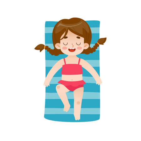Sunbathing girl on beach towel. Cartoon kid laying on the beach and smiling. Cute little child on vacation.のイラスト素材